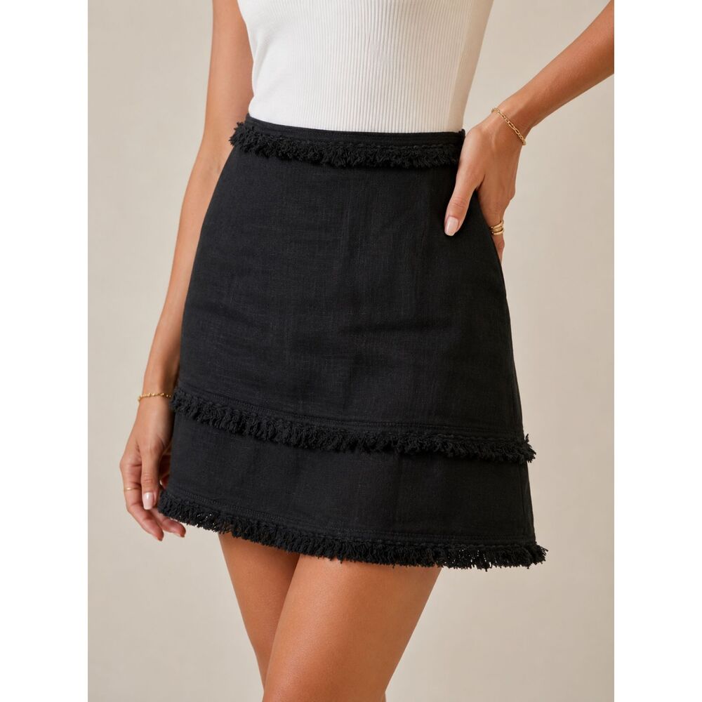 Hayden Los Angeles Boho Chic Black Linen Blend Fringe Mini Skirt Medium NWT